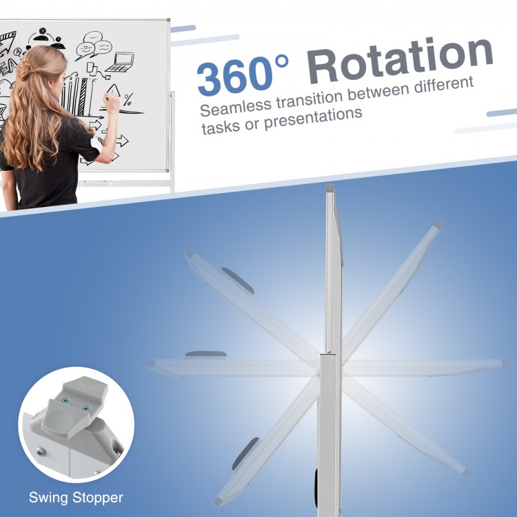 Double-sided magnetic whiteboard with 360° rotation, aluminum frame, and rolling wheels for versatile use in offices or.