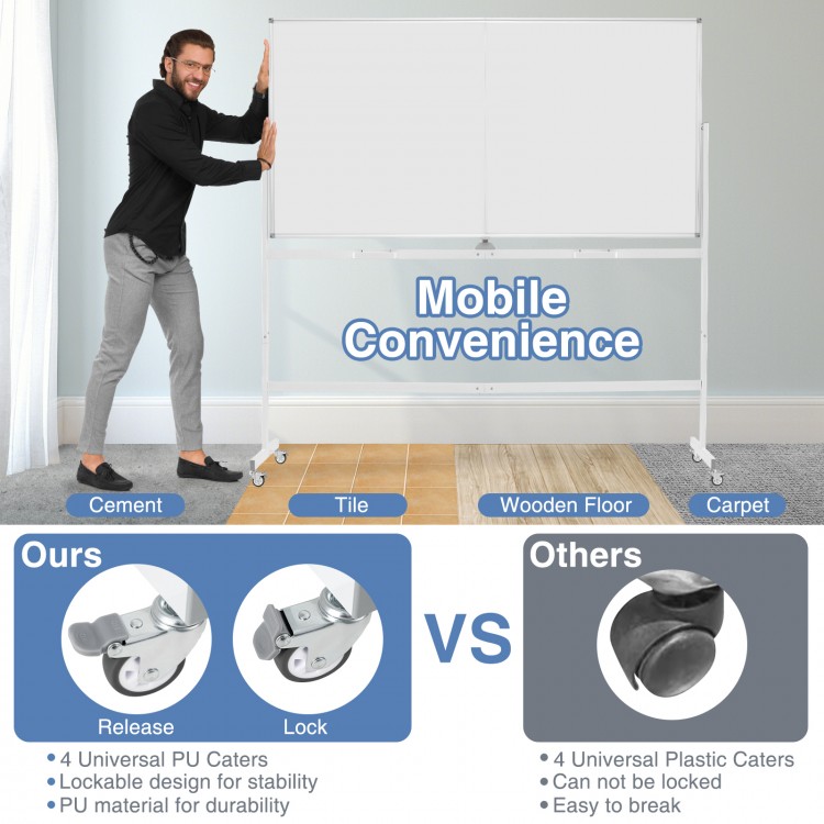 Rolling double-sided magnetic whiteboard on wheels with aluminum frame, featuring 360° rotation and lockable casters.