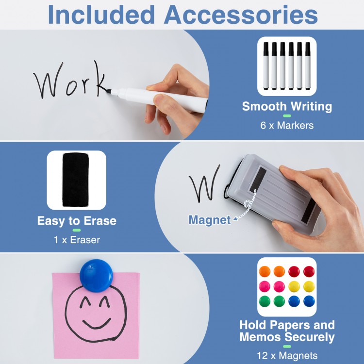 Included accessories for the rolling double-sided whiteboard: 6 markers, 1 eraser, and 12 magnets for secure memo.