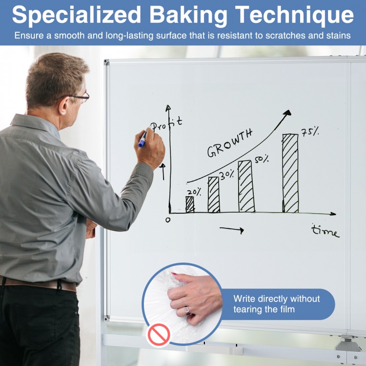 Double-sided magnetic whiteboard on wheels with aluminum frame, featuring a smooth, stain-resistant surface for easy.