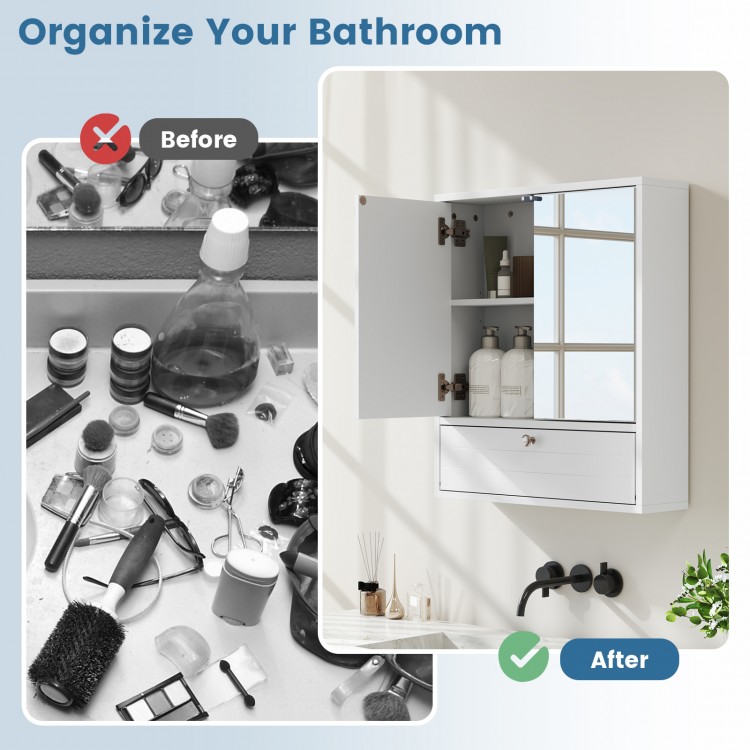 Bathroom double mirror door wall-mounted wood cabinet in pure white, featuring ample storage and adjustable inner shelf.