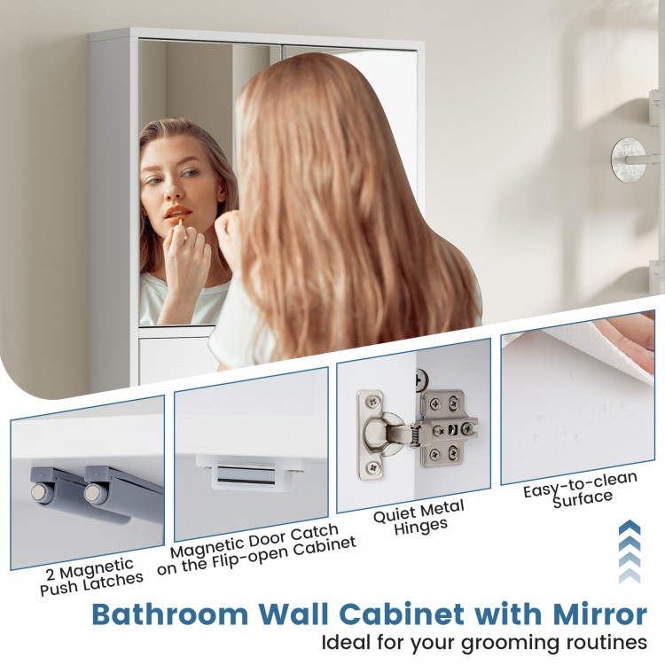 Bathroom wall cabinet with double mirror doors, white wood finish, ample storage, and easy-to-clean surface for.