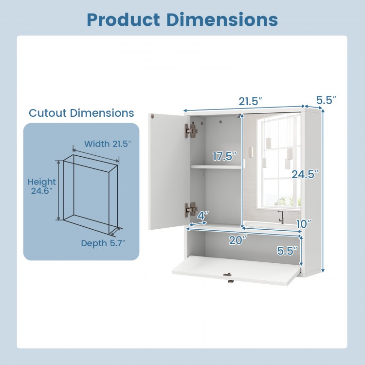 Bathroom double mirror door wall mount storage cabinet dimensions with adjustable shelf for organized toiletries.