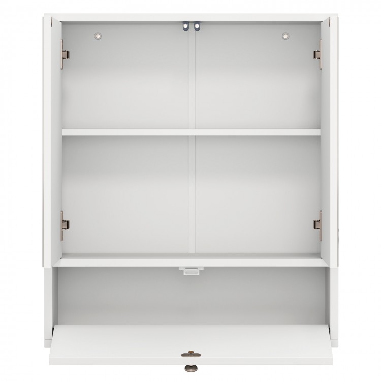 White bathroom cabinet with double mirror doors, adjustable inner shelf, and ample storage for toiletries.