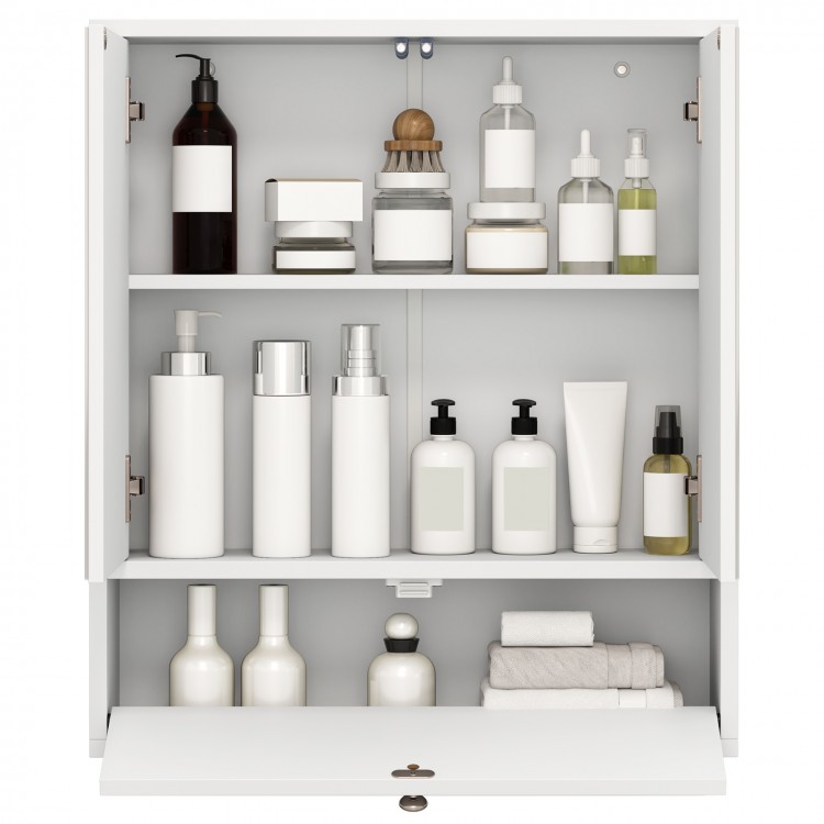White bathroom cabinet with double mirror doors, featuring adjustable shelves and ample storage for toiletries.
