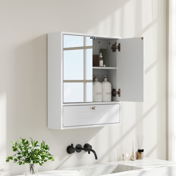 Wall-mounted bathroom cabinet with double mirror doors, pure white wood, and adjustable inner shelf for organized.