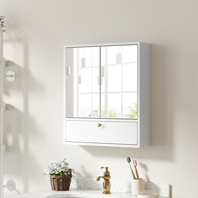Wall-mounted white wood bathroom cabinet with double mirror doors and adjustable inner shelf for organized storage.