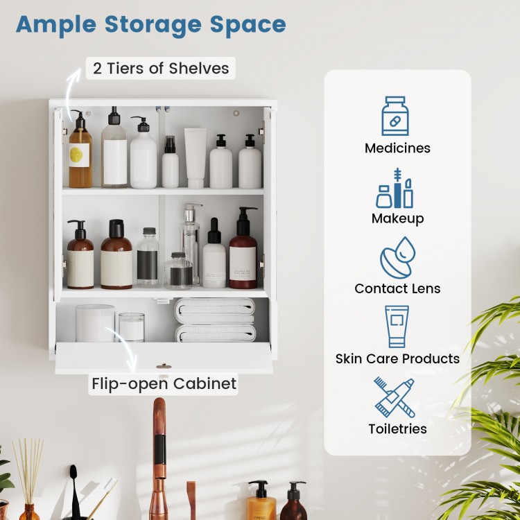 Bathroom double mirror door wall-mounted wood cabinet with ample storage, featuring two shelves and a sleek white.