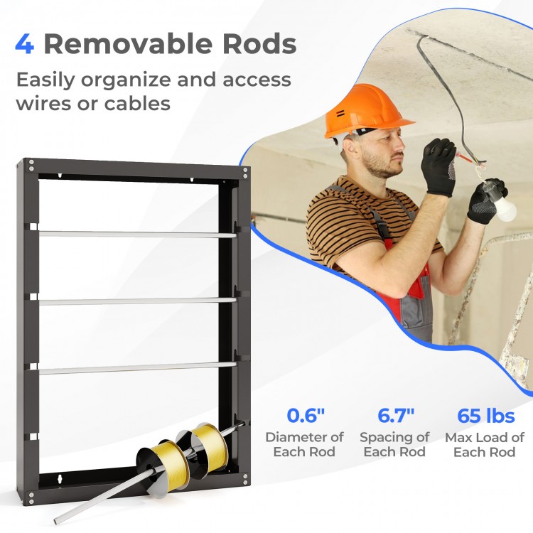 Wire spool rack with 4 removable rods, sturdy metal construction, wall-mounted design for organizing cables and wires.