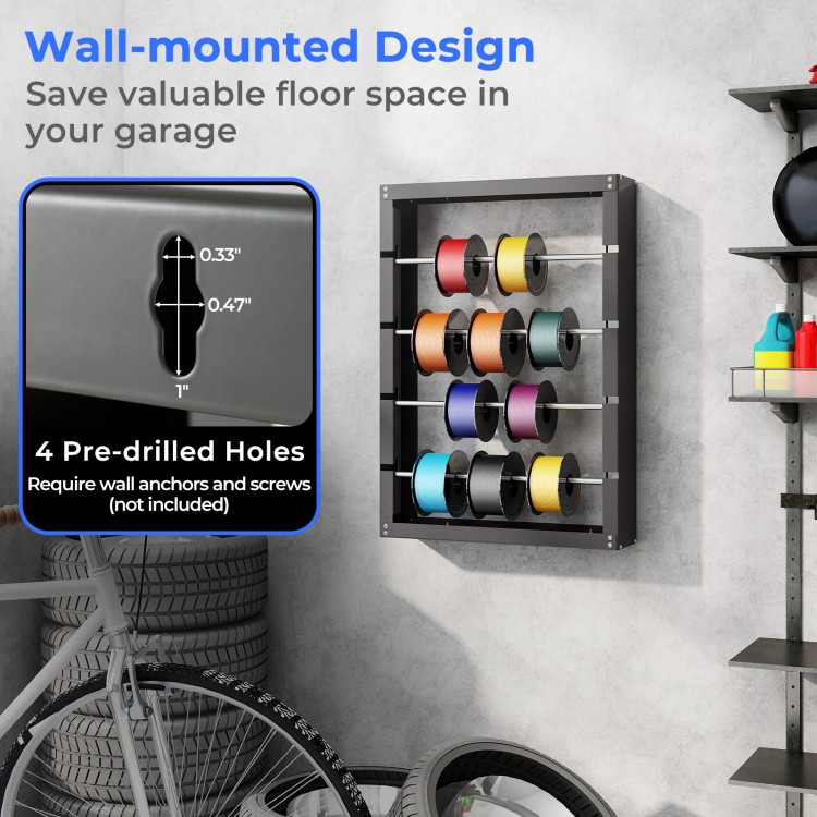 Wall-mounted wire spool rack in gray with 4 removable rods, designed for organizing cables and saving garage space.