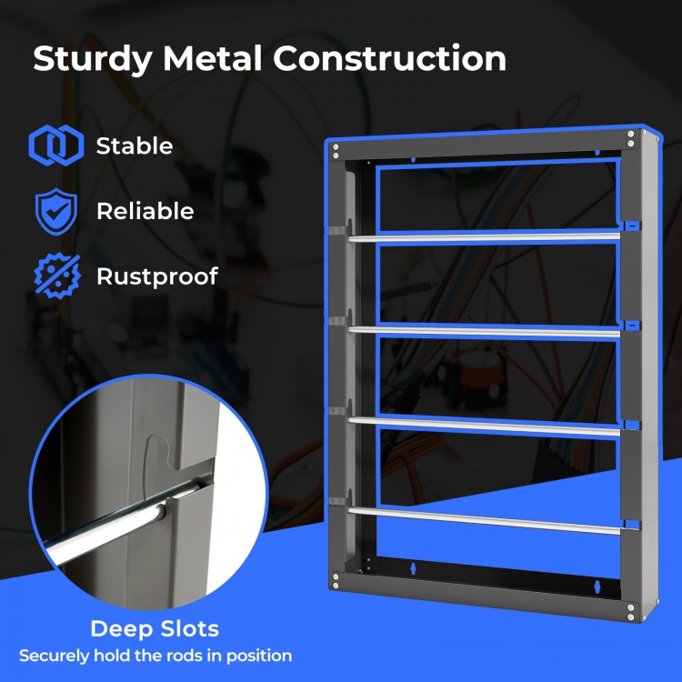 Wire spool rack with sturdy metal construction and deep slots, designed for organizing cables and saving floor space.