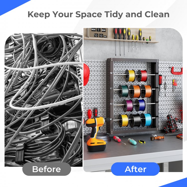 Wire spool rack with 4 rods in gray, showcasing organized cables and tools for efficient garage storage.