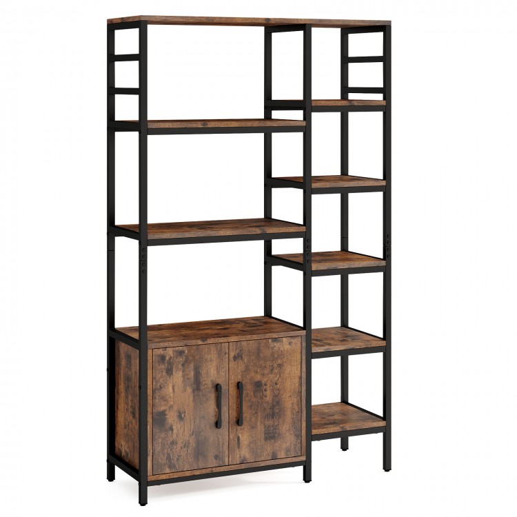 Double wide 8-tier bookshelf in rustic brown with 2-door cabinet, perfect for organizing items in living room or office.