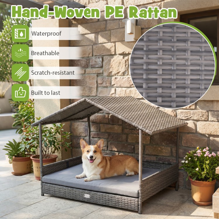Elevated gray wicker dog bed with canopy, made of breathable PE rattan, perfect for outdoor relaxation and comfort.
