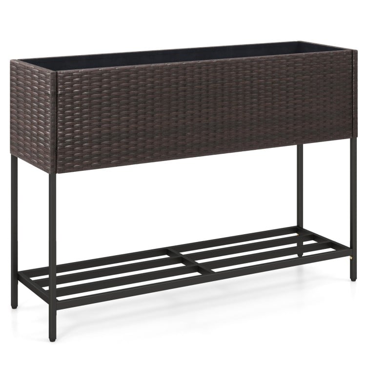 Wicker raised garden bed with storage shelf, made of durable PE rattan, ideal for growing flowers and herbs.
