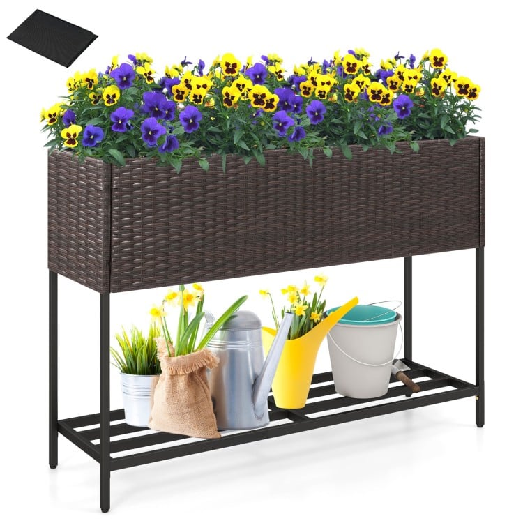 Wicker raised garden bed with drainage gaps, featuring a storage shelf for gardening tools, perfect for flowers and.