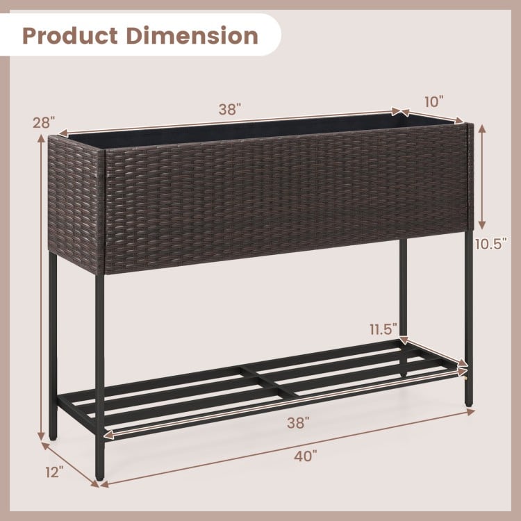Wicker raised garden bed with storage shelf, 38" x 10" x 28", made of PE rattan, ideal for flowers and vegetables.