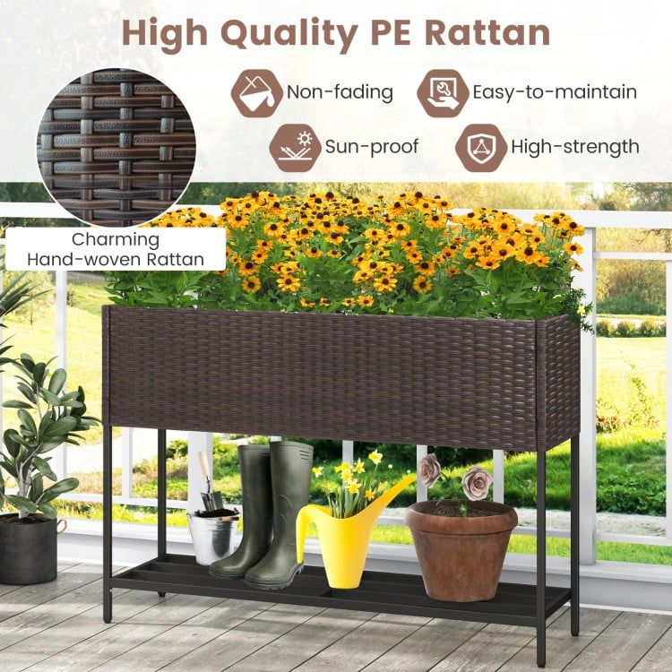 Wicker raised garden bed made of high-quality PE rattan with a storage shelf, perfect for growing flowers and herbs.