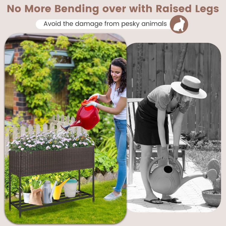 Wicker raised garden bed with storage shelf, drainage gaps, and sturdy PE rattan for easy gardening without bending.