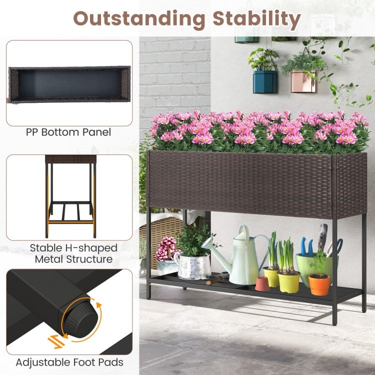 Wicker raised garden bed with storage shelf, made of PE rattan, featuring drainage gaps for flowers and adjustable foot.
