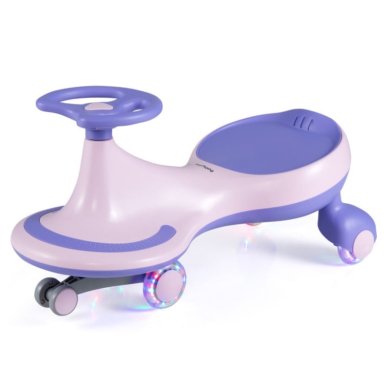 Wiggle car ride-on toy in purple with flashing wheels, designed for safe indoor and outdoor fun for kids.