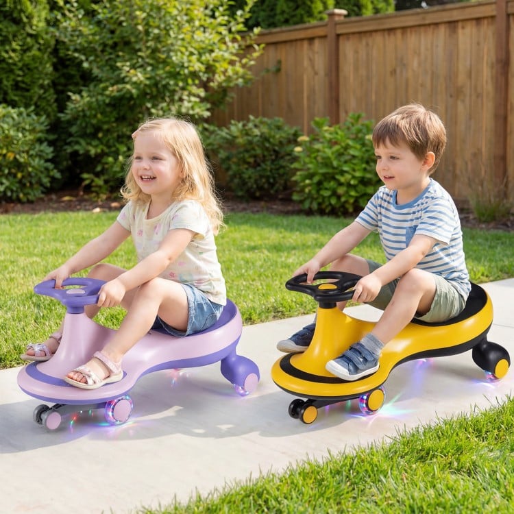 Two children riding the Wiggle Car Ride-on Toy with flashing wheels in purple and yellow, perfect for outdoor fun.
