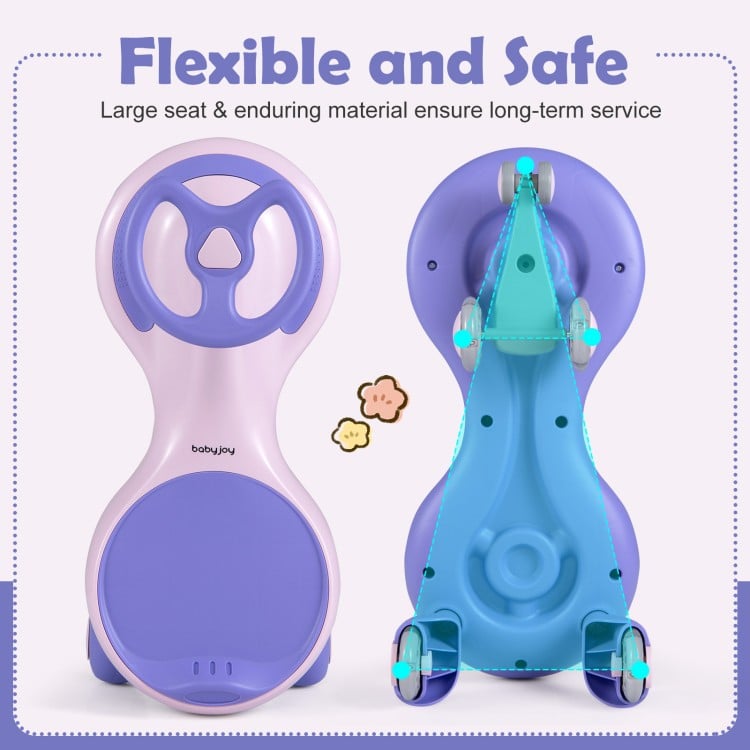 Wiggle car ride-on toy in purple with large seat and flashing wheels for safe indoor and outdoor fun.