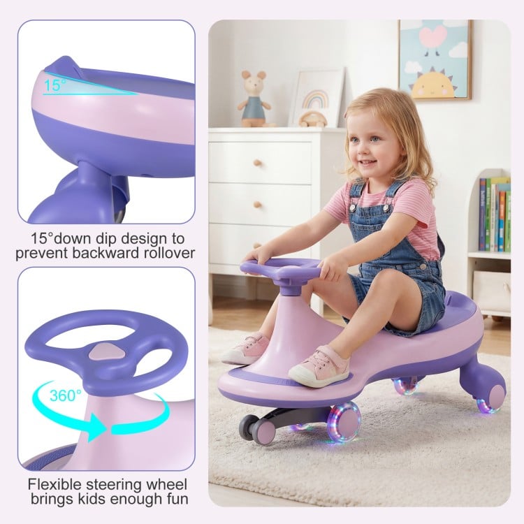 Wiggle car ride-on toy in purple with flashing wheels, featuring a 15° dip design for safety and flexible steering for.
