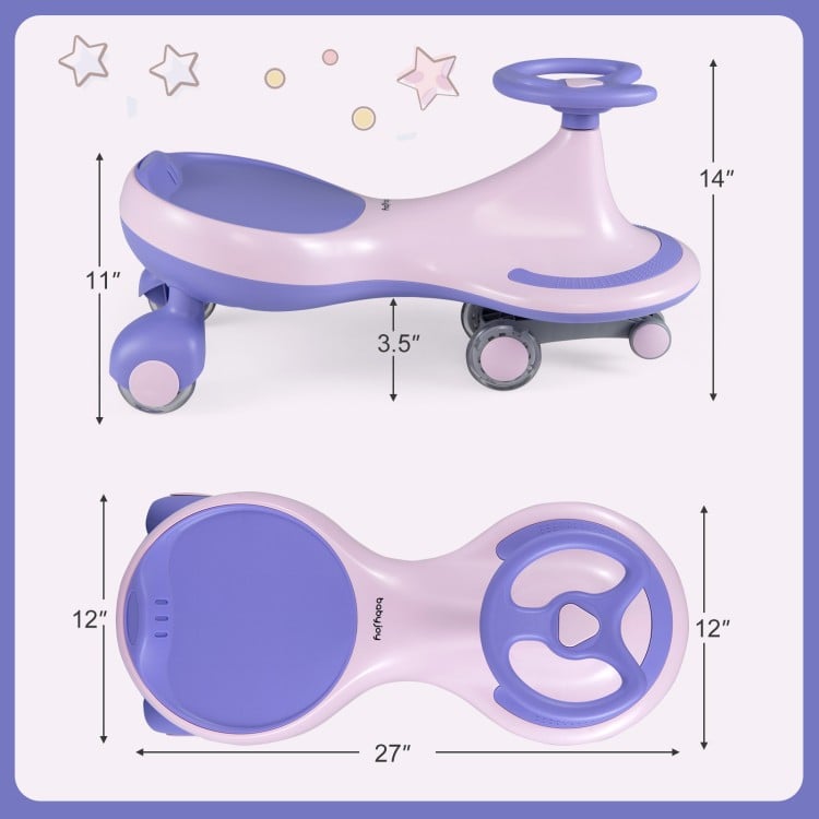Wiggle car ride-on toy in purple with flashing wheels, designed for durability and safe indoor or outdoor fun.