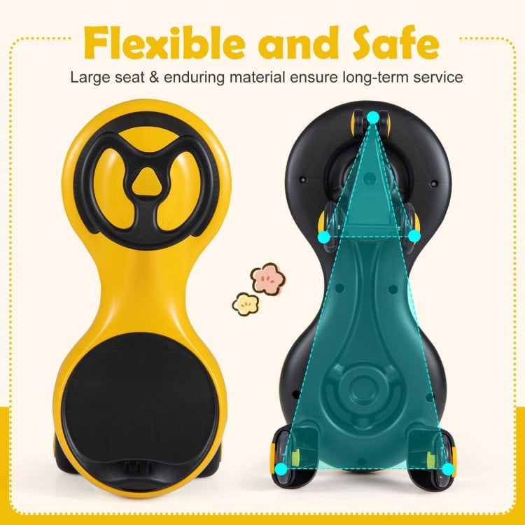 Wiggle car ride-on toy in yellow with large seat and flashing wheels, designed for safe indoor and outdoor fun.