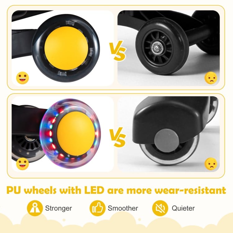 Comparison of PU wheels with LED on the Wiggle Car Ride-on Toy, highlighting durability and quieter riding experience.