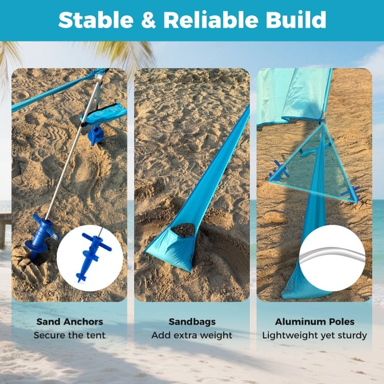 Sand anchors and aluminum poles of the blue beach tent provide stability and reliability for outdoor gatherings.