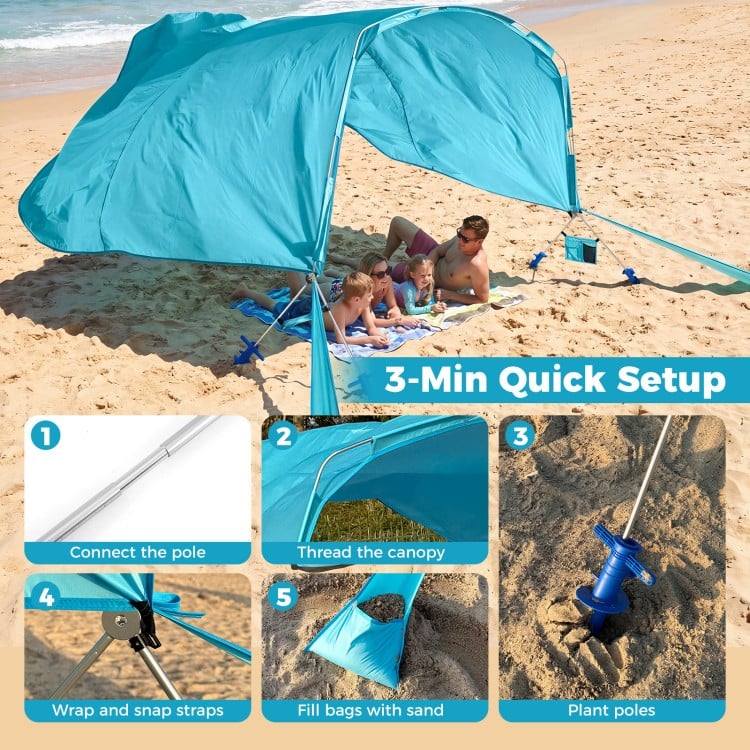 Portable blue beach tent canopy with aluminum poles, 137 sq.ft coverage, ideal for family picnics and gatherings.