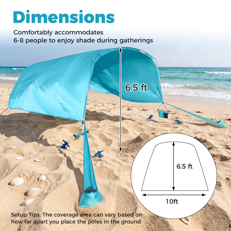 Portable blue beach tent with 137 sq.ft coverage, accommodates 6-8 people, ideal for picnics and gatherings.