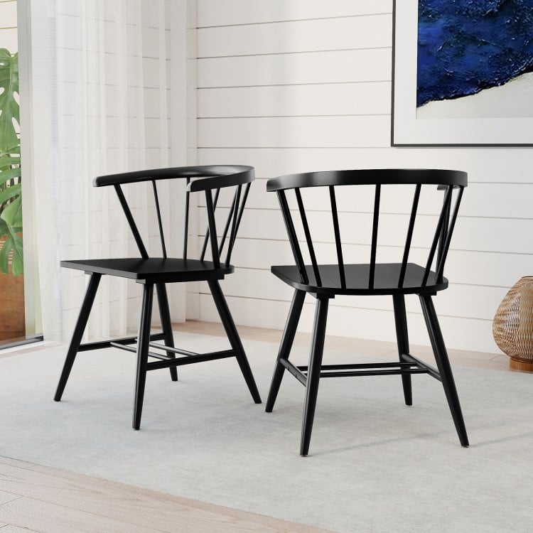 Windsor dining chair set in sleek black finish with ergonomic backrest, ideal for kitchens and dining rooms.
