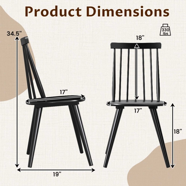 Windsor dining chair dimensions showing a solid rubber wood frame in black, ergonomic design, suitable for various.