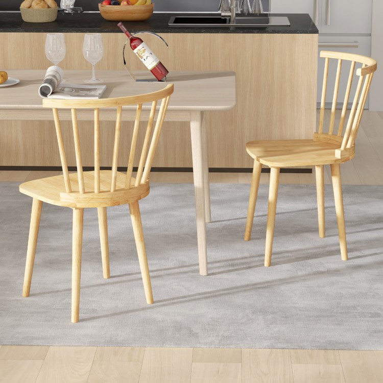 Windsor dining chairs set of 2 in natural rubber wood with spindle back, perfect for dining room or kitchen use.