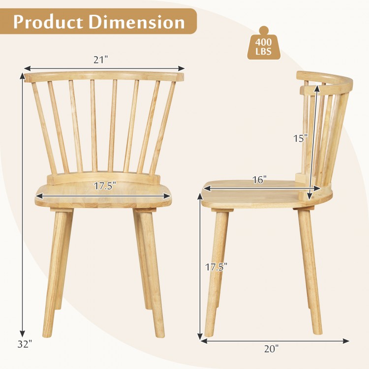 Windsor dining chair dimensions showing spindle back design, ergonomic seat, and sturdy rubber wood construction.