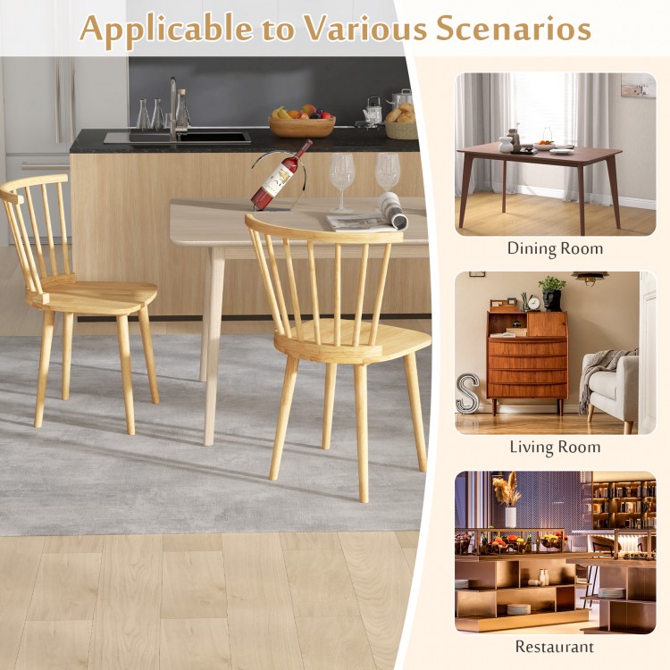 Windsor dining chairs set of 2 in natural rubber wood with spindle back, ideal for dining rooms and living spaces.