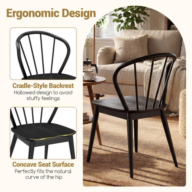 Windsor dining chair with spindle backrest in black, featuring a concave seat and ergonomic design for comfort.