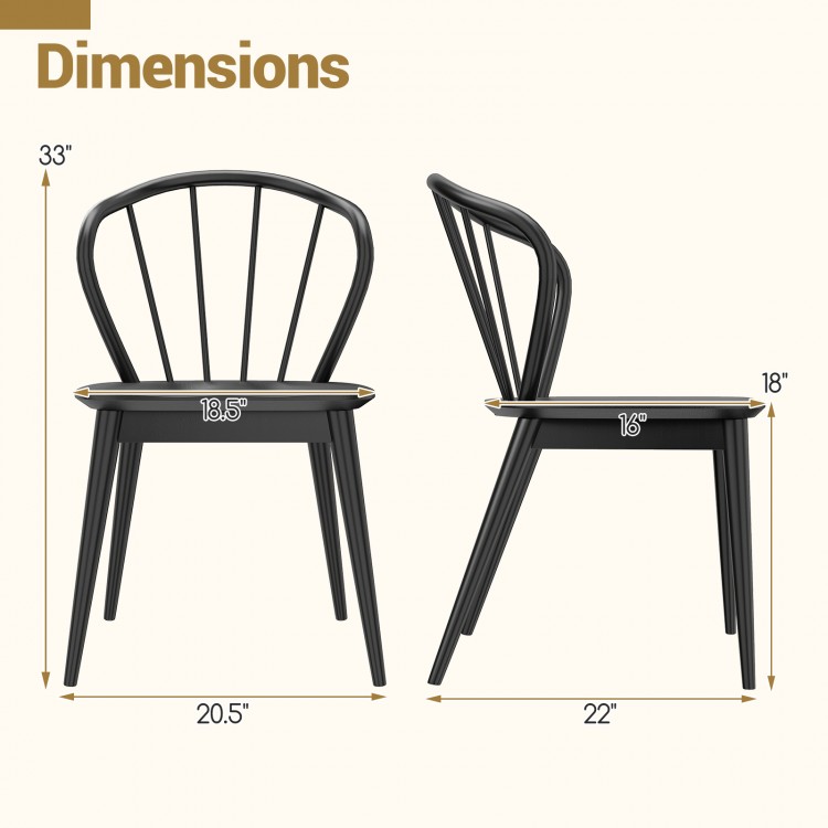 Windsor dining chair dimensions showing side views, featuring a black rubber wood design with a spindle backrest.