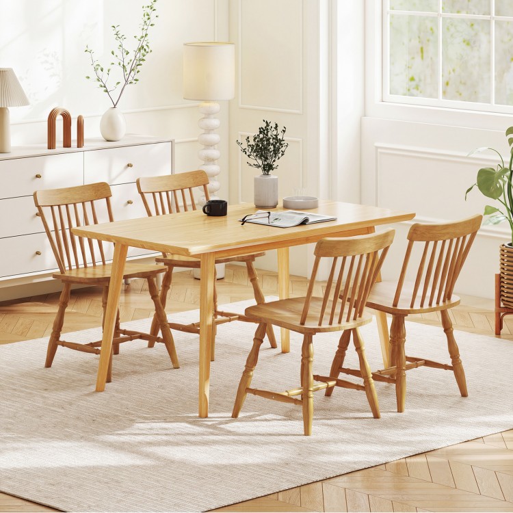 Windsor dining table set with natural rubber wood chairs featuring curved spindle backs, perfect for dining rooms or.