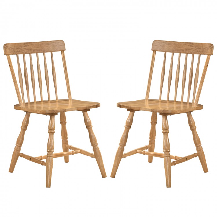 Set of 2 Windsor dining chairs with curved spindle back in natural rubber wood, ideal for dining rooms or cafes.