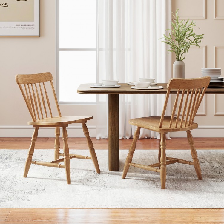 Windsor dining chairs set of 2 with curved spindle back in natural rubber wood, perfect for dining rooms or cafes.
