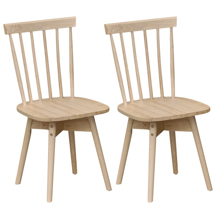 Set of 2 Windsor dining chairs in natural rubber wood with swivel seats, ideal for kitchen or dining use.