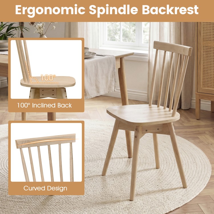 Windsor dining chair with 100° inclined spindle backrest, solid rubber wood, ideal for kitchen or dining use.
