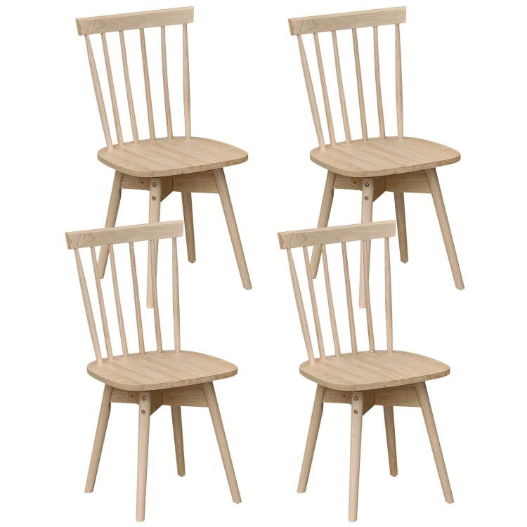 Set of 4 Windsor dining chairs in natural rubber wood with swivel seats, ideal for kitchen or dining areas.
