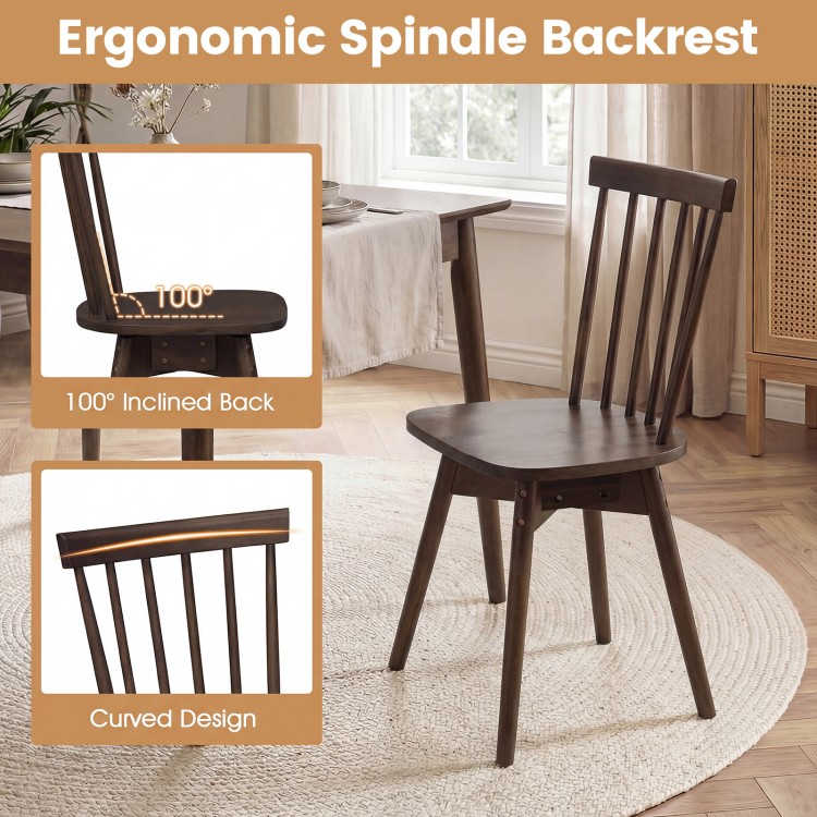 Windsor dining chair with 100° inclined spindle back, solid rubber wood, and swivel seat for comfortable dining.
