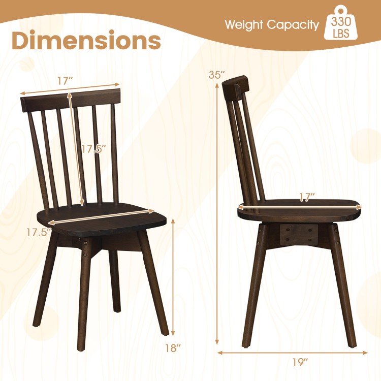 Dimensions of Windsor dining chair set, featuring a swivel seat and solid rubber wood construction for reliable use.