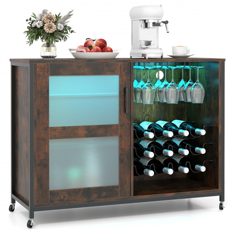 Rustic brown wine bar cabinet with LED light, adjustable shelves, and wine glass holders for home bar or kitchen use.